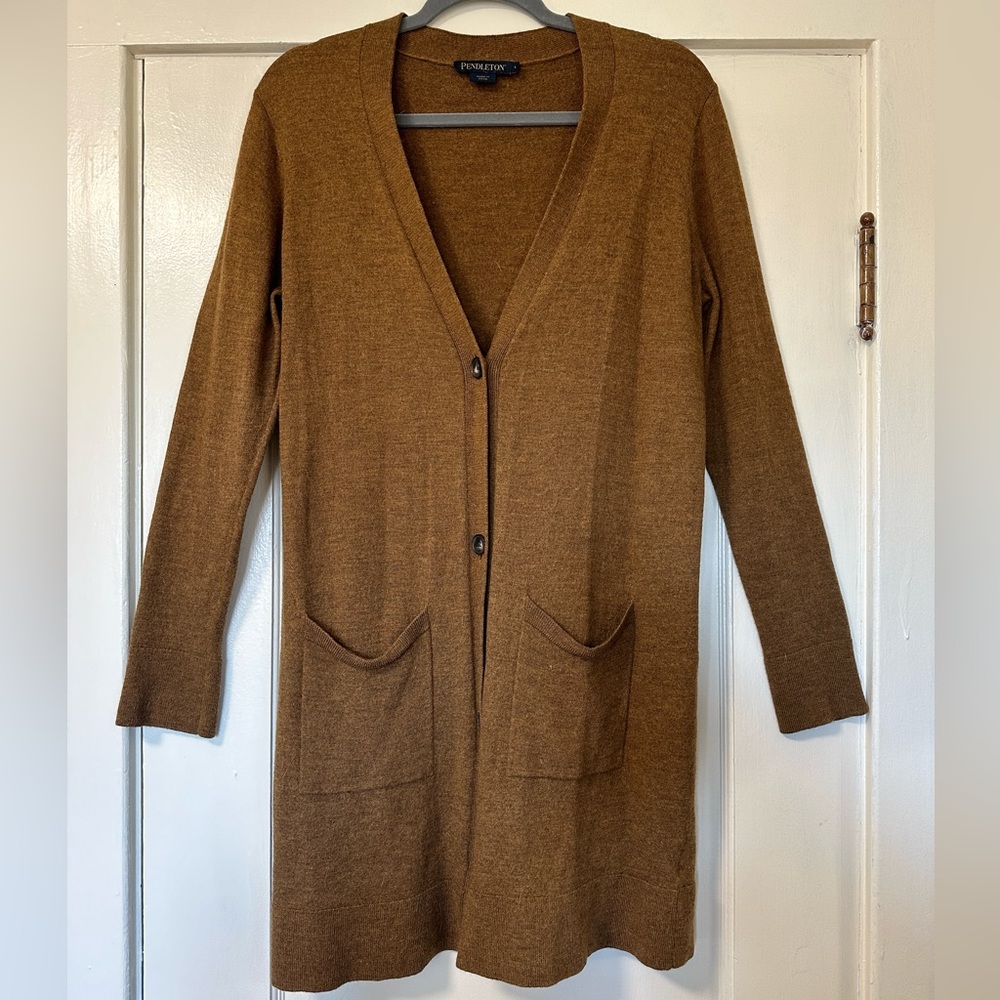 Pendleton Timeless Long Merino Cardigan | Size L | Heather Bronze/Golden Brown
